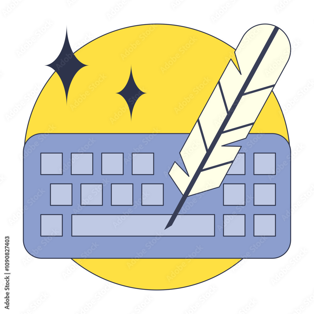 Poster a keyboard with a feather symbolizes creativity and lightness in writing.