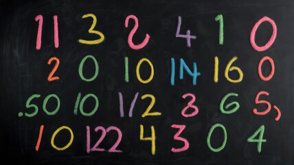 Colorful chalk numbers on blackboard create vibrant learning environment. numbers range from 0 to 16, showcasing various styles and sizes, perfect for educational purposes