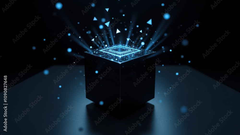 Poster a sleek black ai cube with vibrant blue light emanating from its center, symbolizing advanced techno