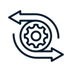Gear, round arrow in opposite direction. Technical compatibility concept. Vector linear icon isolated on white background.