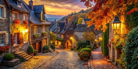 Fototapeta premium Enchanting Autumn Village with Cobblestone Streets Surrounded by Colorful Foliage at Dusk, Capturing the Beauty of Seasonal Change in a Picturesque Setting