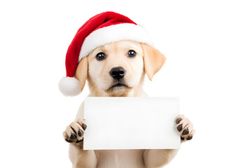 Happy puppy dog in Christmas hat holding blank paper or banner in paws, isolated on white background