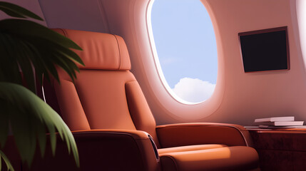 Fototapeta premium An illustration of the interior of a luxury private jet, with plush seating and modern amenities, symbolizing upscale travel. The luxurious interior of a private jet.
