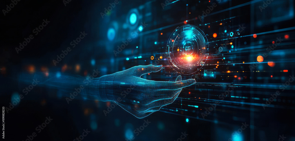 Poster futuristic ai chatbot interface with hand and digital network for business data analysis