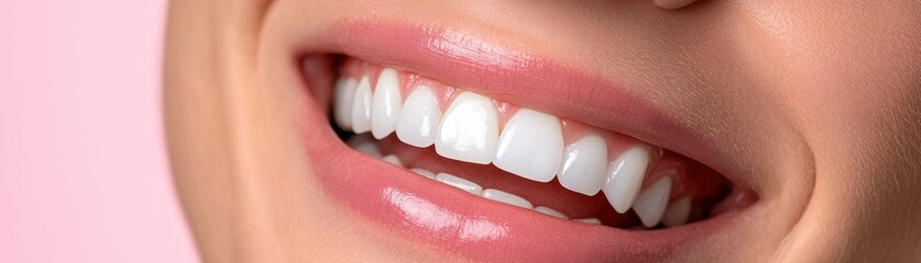 Fototapeta premium A close-up of a smiling mouth showcasing bright, white teeth against a pastel pink background.