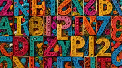 Naklejka premium vibrant collage of colorful letters and numbers arranged in playful pattern, showcasing variety of shapes and textures that evoke creativity and fun