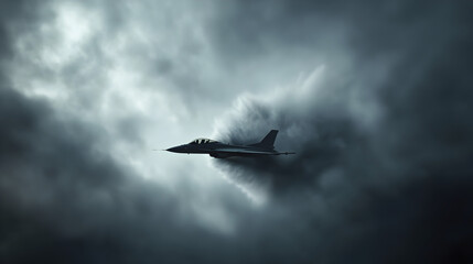A powerful image of a fighter jet breaking the sound barrier, with shockwaves visible and a dramatic sky in the background. A jet breaking the sound barrier.


