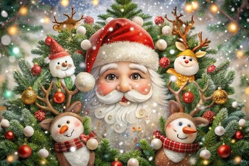 Enchanting Double Exposure of Santa Claus with Whimsical Christmas Characters and a Festive Tree in a Playful Coloring Book Style for Kids, Celebrating a Merry Christmas Spirit