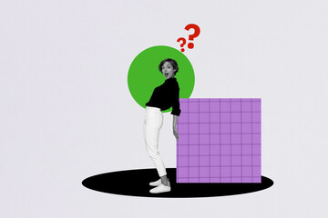 Composite photo collage of shocked girl stand colorful cube question mark dilemma brainstorm ponder...