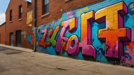 vibrant street art mural featuring colorful graffiti on brick wall, showcasing bold letters and artistic expression. urban setting adds to its dynamic appeal