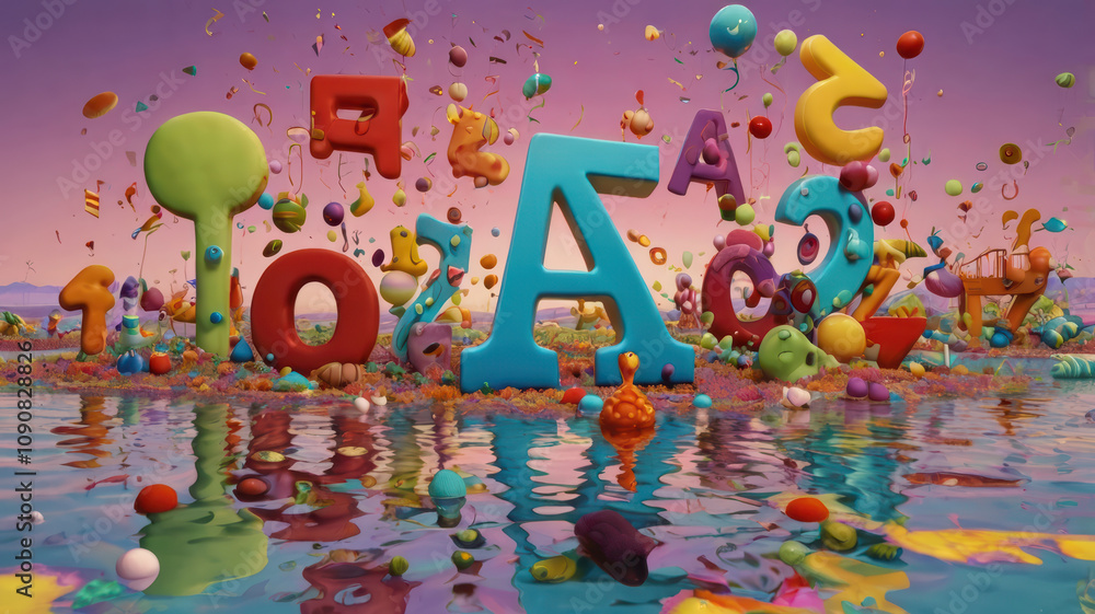 Aufkleber whimsical scene featuring colorful letters and numbers floating in water, creating playful and vibra