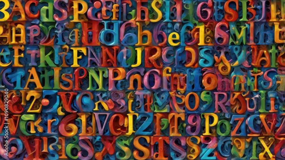 Poster colorful abstract representation of alphabet with vibrant letters arranged in playful pattern, creat