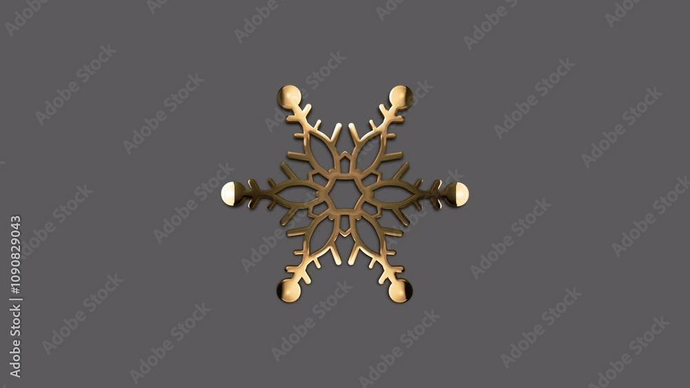 Poster loop animation gold snowflake object rotation shine bright on black abstract background. snowflakes 