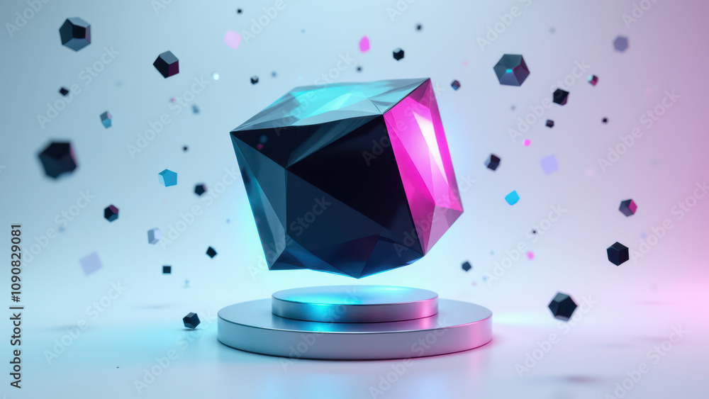 Poster a futuristic-looking holographic black box with colorful cube particles emerging from it, representi