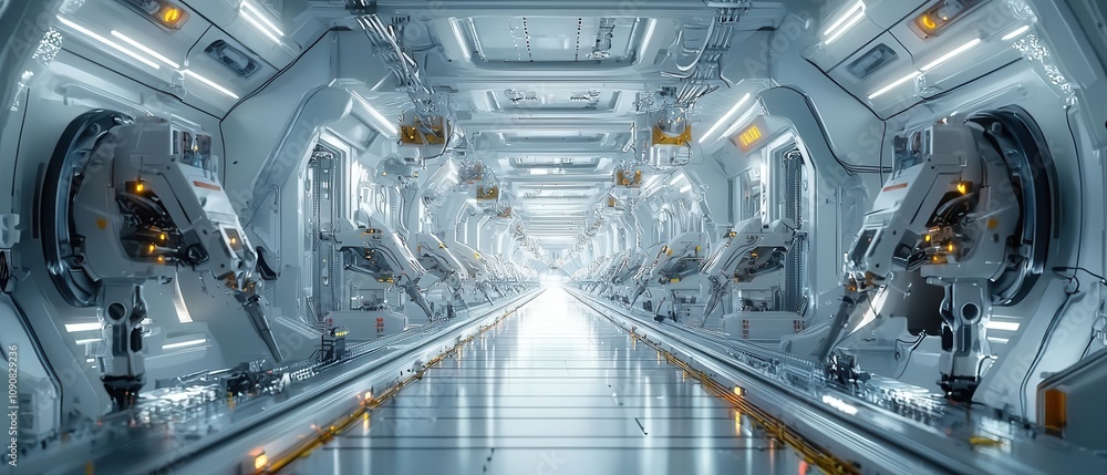 Poster A fully automated assembly line with conveyor belts moving components between robotic stations
