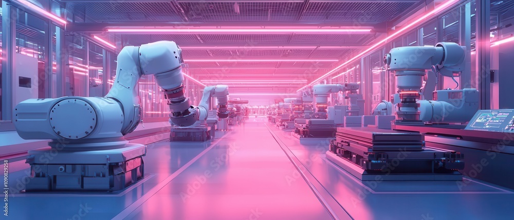 Poster a futuristic manufacturing facility where robotic systems and ai-driven processes collaborate seamle