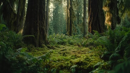Fototapeta premium A forest floor covered in a lush carpet of moss and ferns beneath ancient trees.