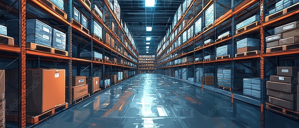 Poster an advanced warehouse filled with automated robots picking and placing items on high shelves