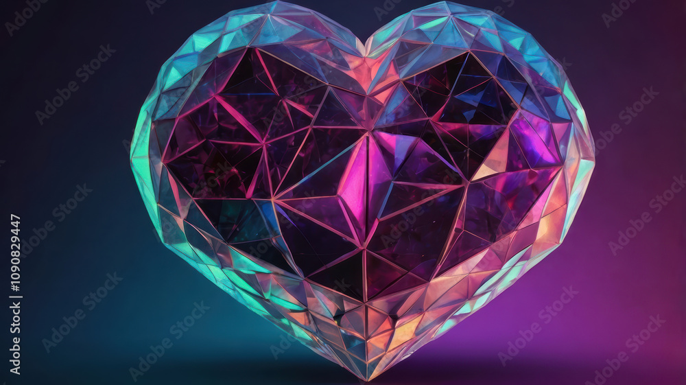 Poster geometric heart made of interlocking polygons, featuring vibrant colors and intricate facets, create