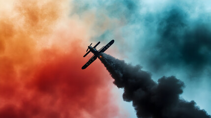 Naklejka premium A dramatic shot of a bi-plane performing acrobatics during an airshow, with colorful smoke trailing behind it. A bi-plane in an exciting aerial performance.