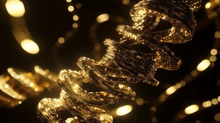 Ascend to Financial Freedom: Glowing Digital Spiral Staircase of Coins - 3D Render with Dynamic Light Effects on Dark Background