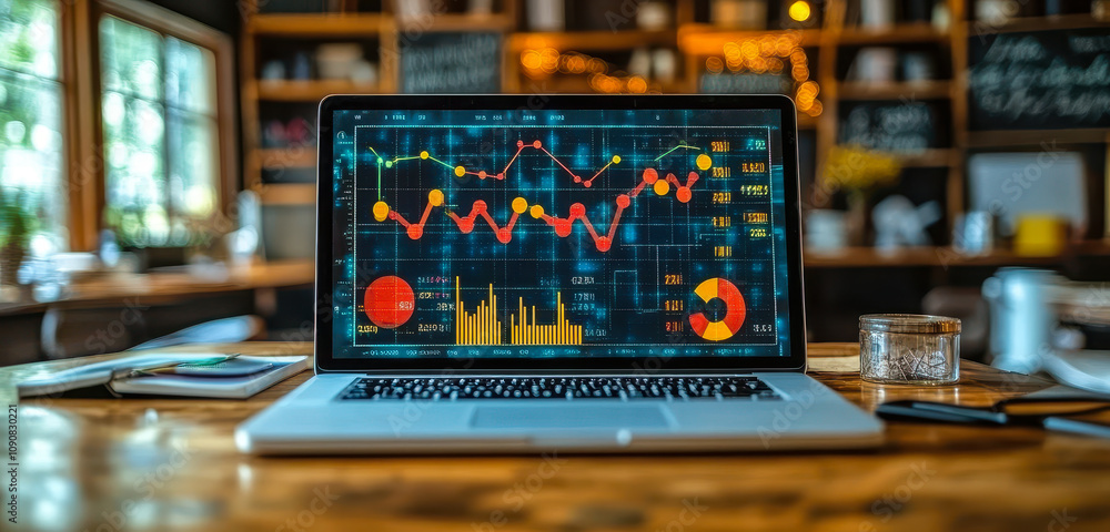 Poster digital marketing strategy and data analysis on laptop for enhanced performance insights