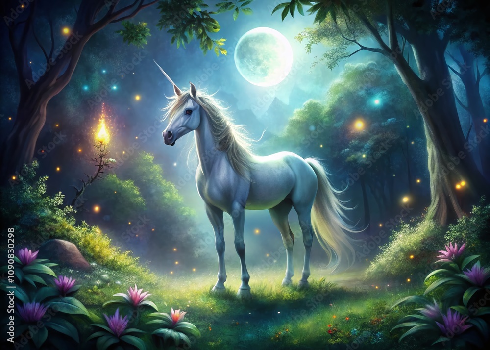 Poster enchanting unicorn in moonlit glade surrounded by sparkling magic dust and ethereal light, creating 