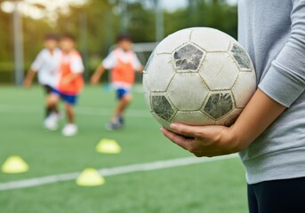 Fototapeta premium Youth soccer training session with coach on outdoor field