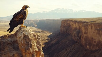 A golden eagle perched high on a rocky cliff overlooking a vast canyon.