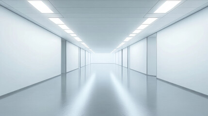 Fototapeta premium Modern, minimalist hallway with bright overhead lighting reflecting on a glossy floor, creating a futuristic and clean atmosphere.