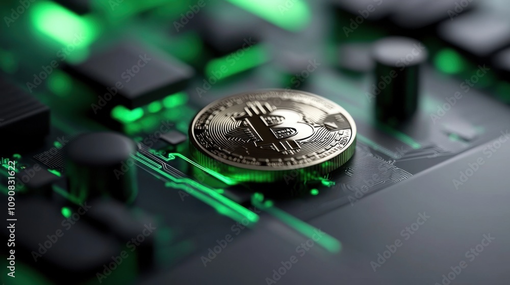 Poster golden bitcoin coin on a circuit board surrounded by neon green lights representing the world of dig