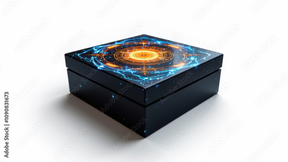 Poster black box with futuristic ai design on top.