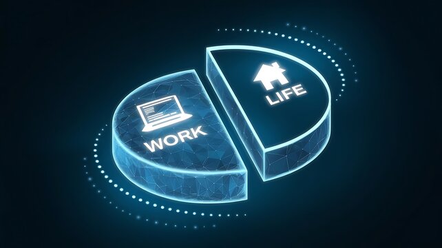 Work Life Balance Concept: Abstract 3D pie chart digitally illustrating the balance between work and life. Glowing blue segments represent the integration of professional and personal spheres. 