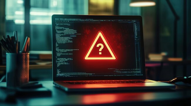 A laptop screen displaying an exclamation mark inside a triangle symbol