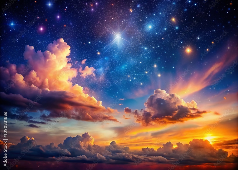Poster ethereal scene of glowing clouds illuminated by distant stars with ample copy space for text overlay