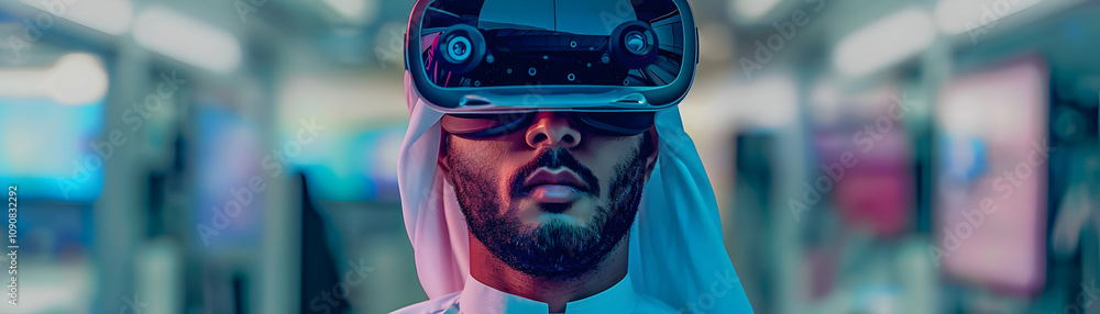 Poster man in traditional attire immersively experiences virtual reality in a futuristic setting