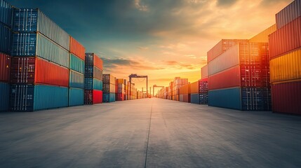 Fototapeta premium Dynamic View of Stacked Cargo Containers at a Bustling Freight Terminal During Sunset, Showcasing Vibrant Colors and Industrial Activity in the Shipping Industry