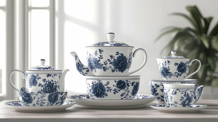 Fototapeta premium Elegant Blue and White Floral Tea Set with Teapot, Cups, and Saucers for Afternoon Tea
