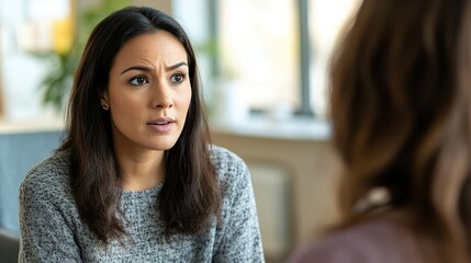 Fototapeta premium Woman engaged in serious conversation, expressing concern