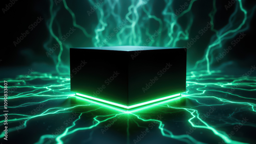 Poster a digital rendering of a futuristic ai system with an energy-infused black box at its core.