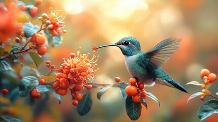 Obraz premium A hummingbird sipping nectar from a vibrant red flower in a tropical garden.