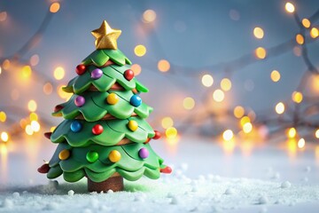 Obraz premium Festive 3D Christmas Tree with Colorful Lights in a Whimsical Clay Style, Perfect for Holiday Celebrations and Creative Illustrations on a Clean White Background
