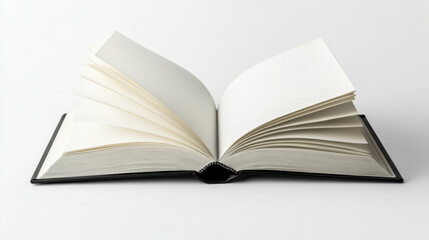 Fototapeta premium Open book with blank white pages on a plain background, conveying simplicity and potential for creativity.