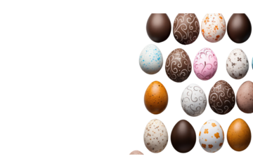 A grey concrete background featuring a mix of hand-painted Easter eggs and a few chocolate bunnies arranged in a visually pleasing pattern, isolated on white background