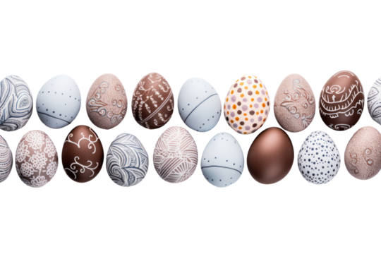 A grey concrete background featuring a mix of hand-painted Easter eggs and a few chocolate bunnies arranged in a visually pleasing pattern, isolated on white background
