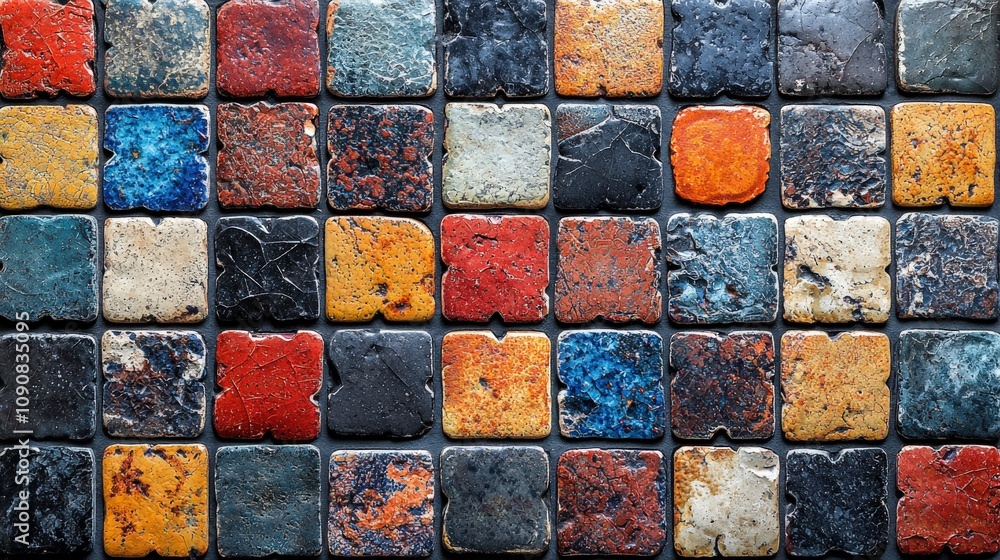 Poster colorful mosaic tiles arranged in a unique pattern, ideal for decorative concepts and design purpose