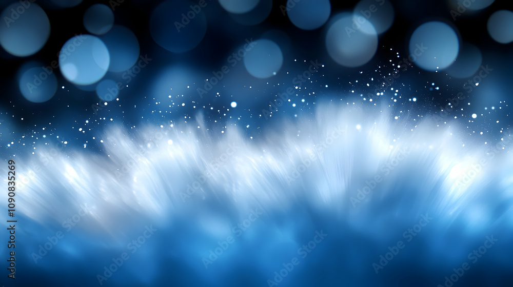 Poster abstract blue and white background with bokeh lights and glowing rays