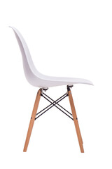 White modern chair with wooden legs. Isolated on a white background.