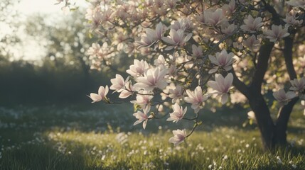 A magnolia tree in full bloom, its pale pink flowers filling the branches.