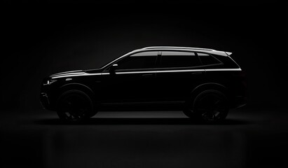 Black background with a car in the foreground, illuminated by studio lighting. The concept of luxury cars and advertising for high-end fashion